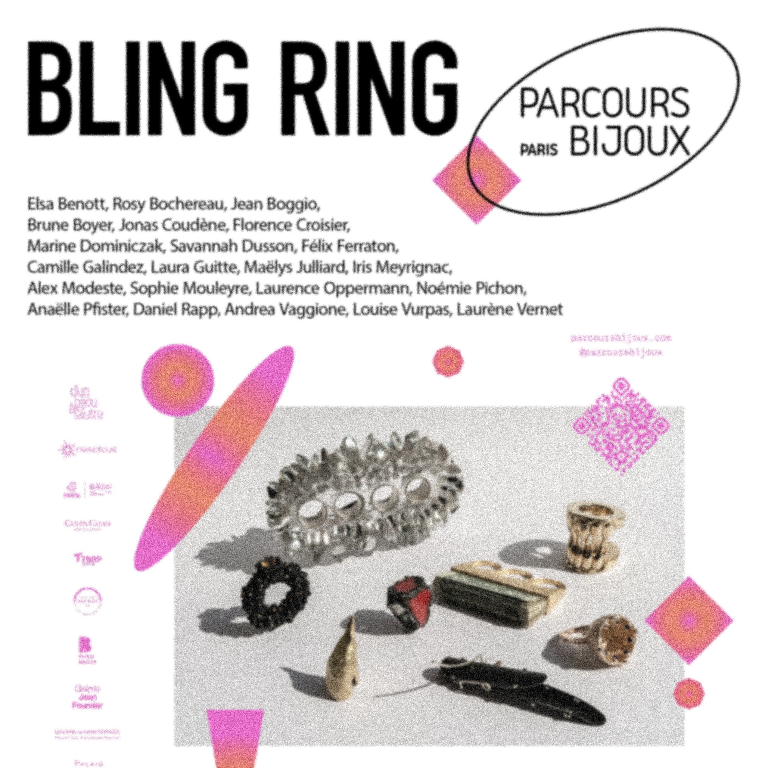 Affiche de l'exposition Bling Ring à Paris, dans le cadre du Parcours Bijoux. On y voit une sélection de bijoux contemporains, dont une bague fabriquée par la créatrice Louise Vurpas